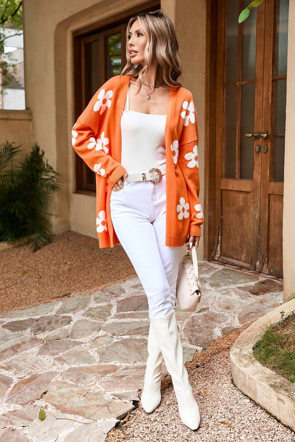 Floral Print Knitted Open Front Loose Cardigan: Orange Product Image