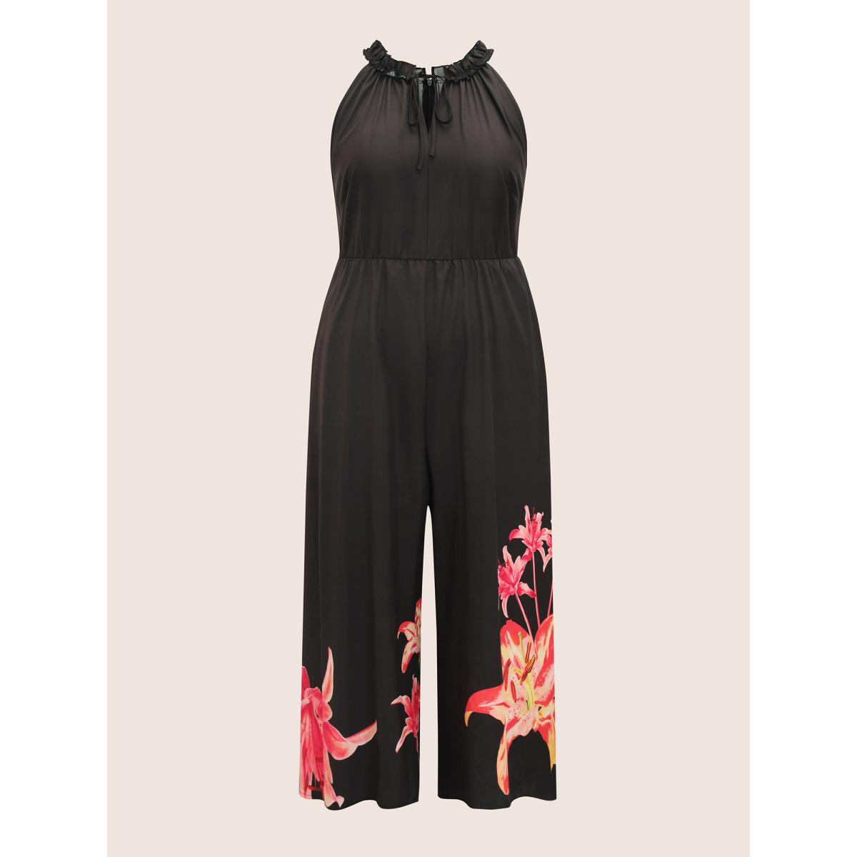 Plus Size Black Lily Print Frill Trim Tie Knot Jumpsuit Women Elegant Sleeveless Round Neck Everyday Loose Jumpsuits BloomChic 28/5X Product Image