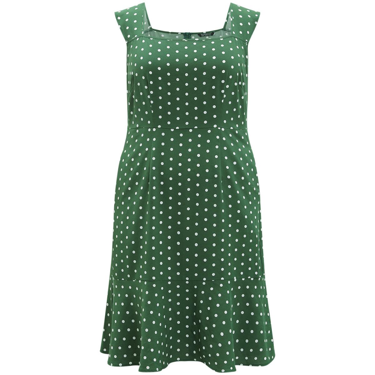 Plus Size Polka Dot Ruffle Hem Pocket Square Neck Sleeveless Dress Green Women Elegant Pocket Square Neck Sleeveless Curvy Knee Dress BloomChic 18-20/2X Product Image