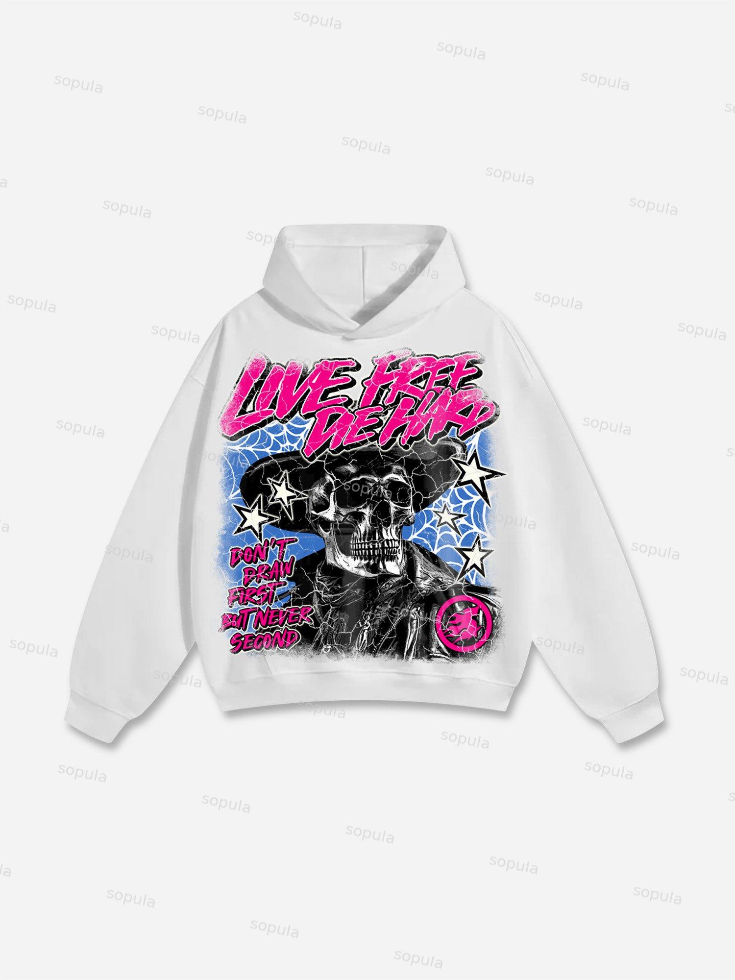 Live Free, Die Hard Skull Cowboy Vintage Graphic Cotton Hoodie Product Image