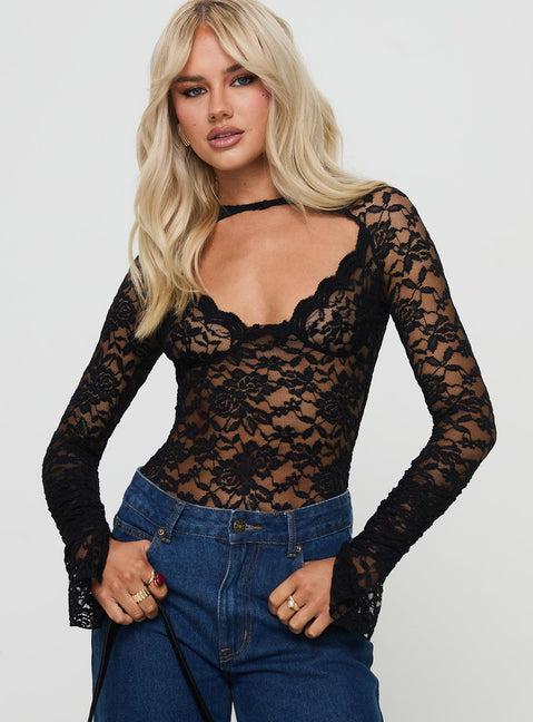 Giallo Long Sleeve Bodysuit Black Product Image