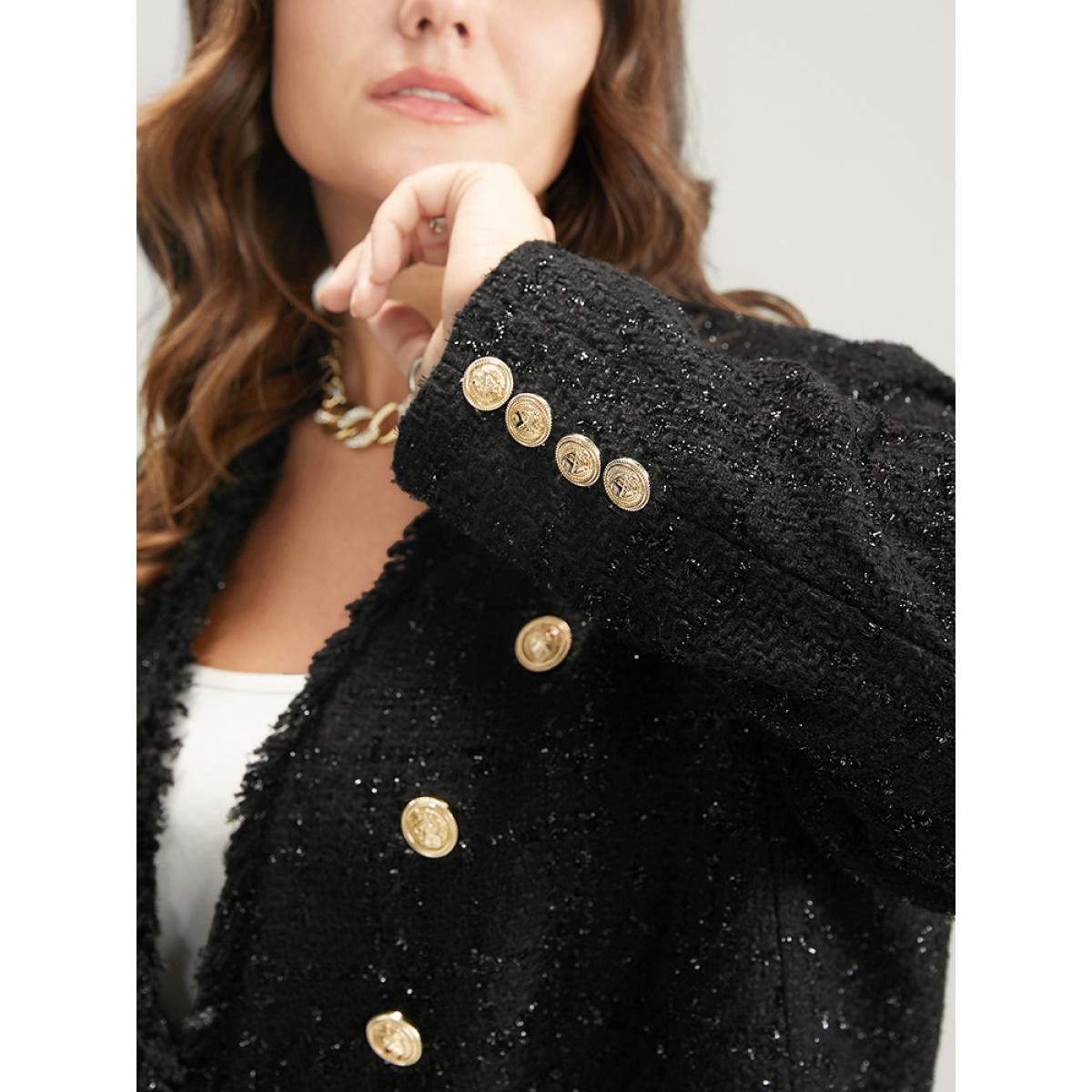 Plus Size Solid Flap Pocket Button Detail Blazer Black Women Going out Plain Button Sleeve Long Sleeve V-neck 10/M Pocket Party Blazers BloomChic Product Image