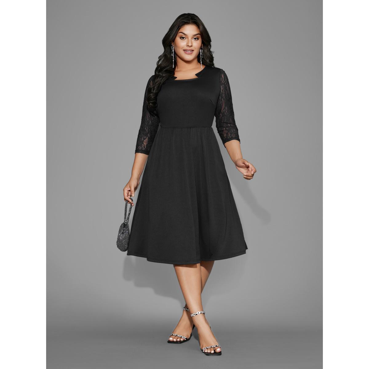 Plus Size Asymmetrical Neck Lace Patchwork Mesh Dress Black Women Cocktail Woven ribbon&lace trim Party Curvy Bloomchic 22-24/3X Product Image