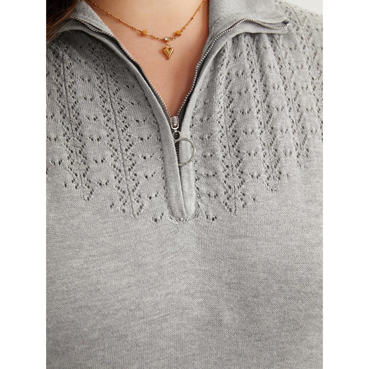 Plus Size Plain Lapel Collar Plisse Zipper Pullover LightGray Women Casual Loose Long Sleeve Lapel Collar Dailywear Pullovers BloomChic 26/4X Product Image