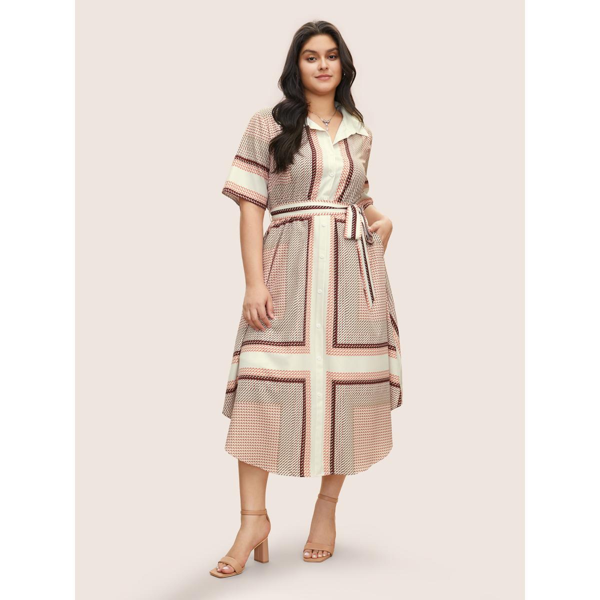 Plus Size Geo Graphic Belted Curved Hem Shirt Collar Dress LightBrown Women At the Office Non Shirt collar Short sleeve Curvy Midi Dress BloomChic 30/6X Product Image