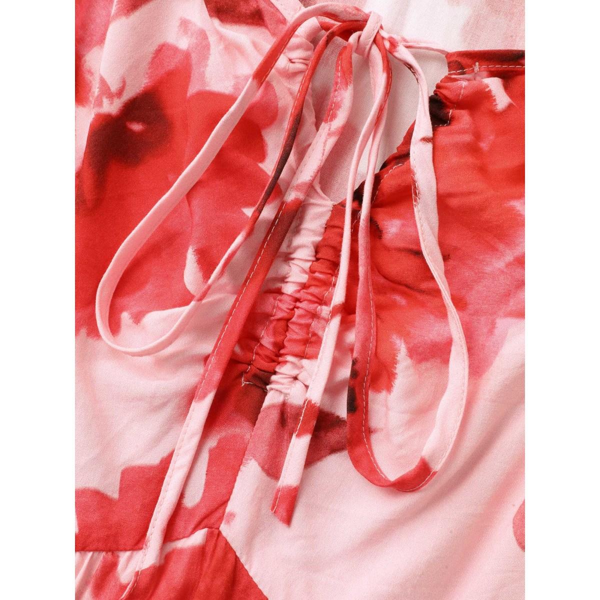 Plus Size Rayon Romantic Floral Print Drawstring Midi Dress Lightpink Women Heart neckline Short sleeve Curvy BloomChic 14-16/1X Product Image