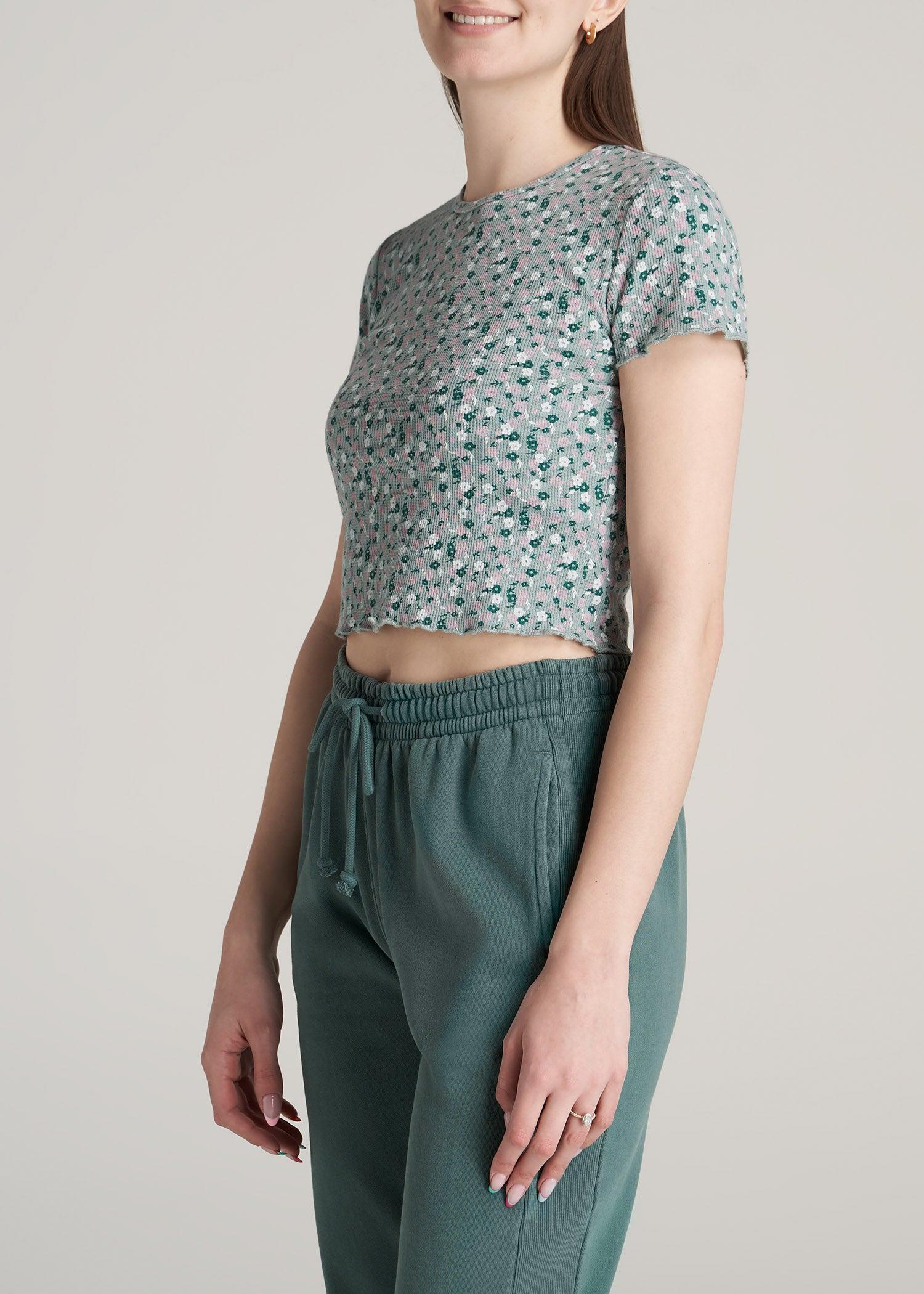 Cropped Waffle Tee for Tall Women in Seaglass Floral Female Product Image
