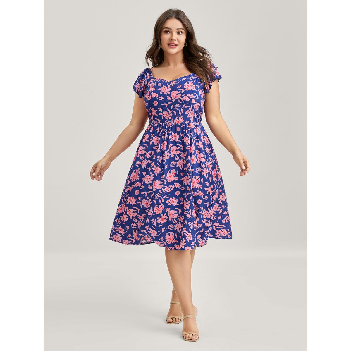 Plus Size Rayon Silhouette Flower Ruffled Sleeve Midi Dress Multicolor Women Romantic V-neck Cap Sleeve Curvy BloomChic 28/5X Product Image