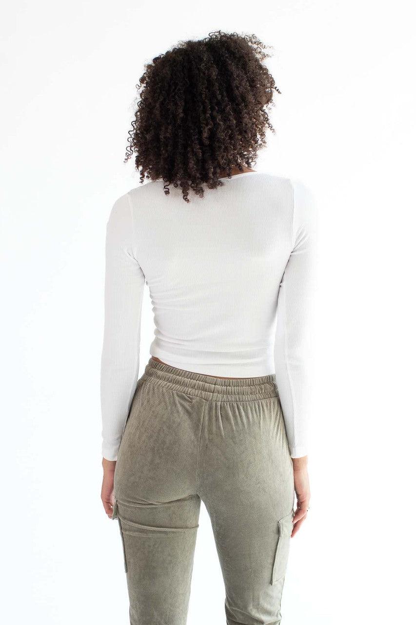 White Floral Embroidered Seamless V-Neck Shirt Product Image