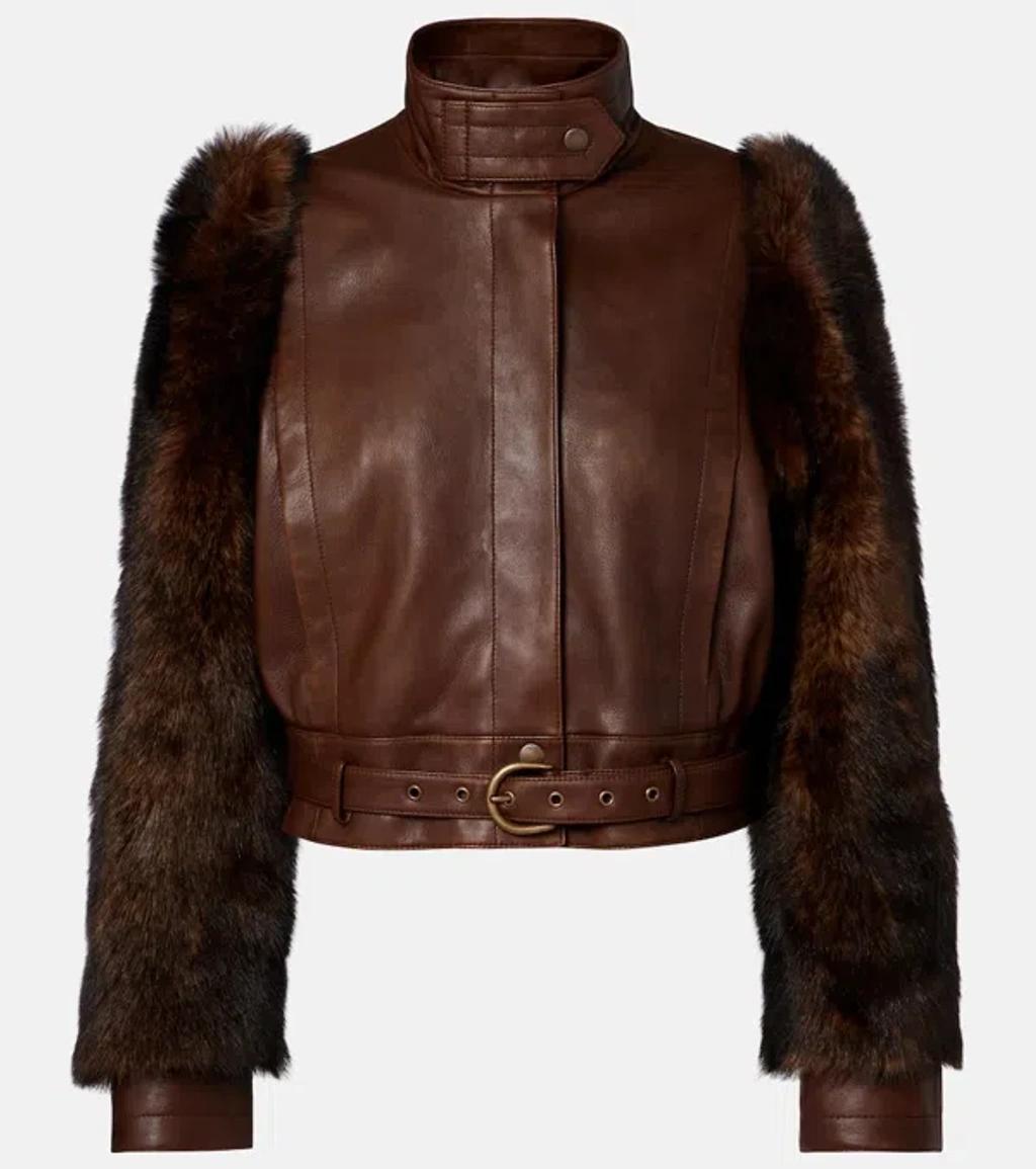CHLOÉ Leather Jacket With Belted Waist And Fur Sleeves In Brown Product Image