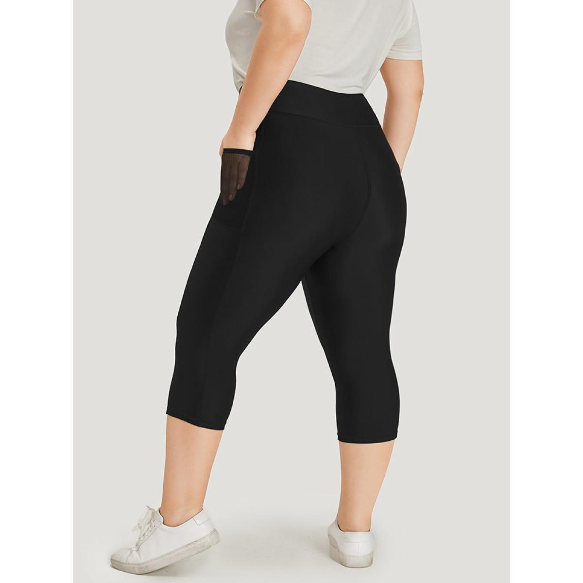 Plus Size Plain Patchwork Pocket Wideband Waist Leggings Women Black Casual High stretch High Rise Dailywear Leggings BloomChic 22-24/3X Product Image