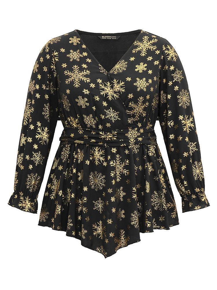 Glitter Snowflake Elastic Waist Ruched Wrap Blouse Female Product Image