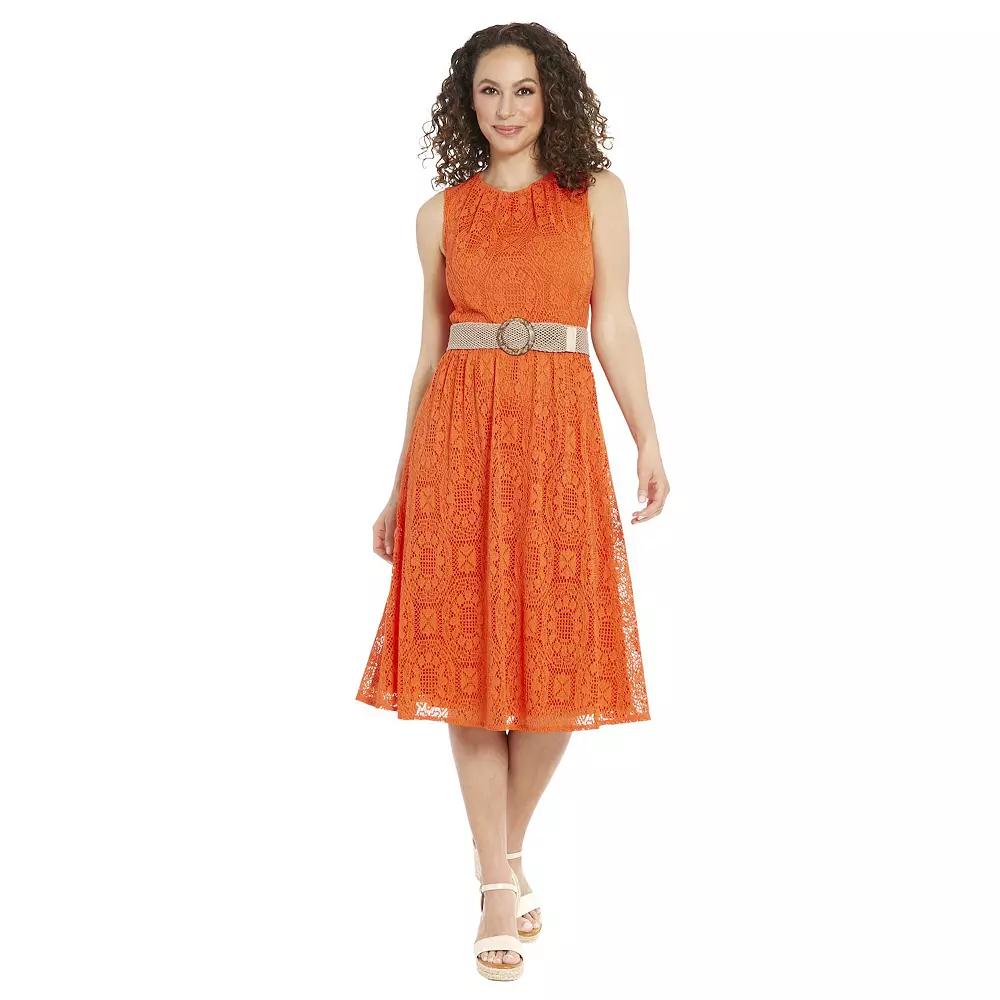 Women's London Times Oval Crochet Jewel Neck Belted Dress, Size: 10, Orange Product Image
