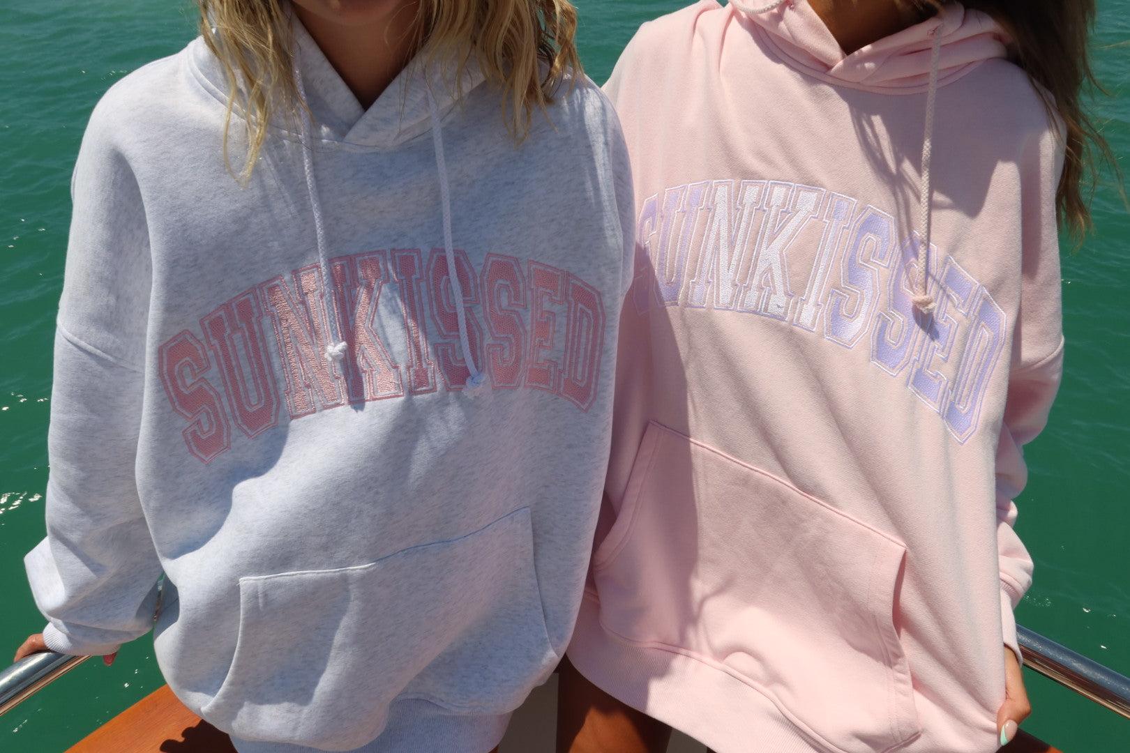 Pearl Grey with Pink Thread Sunkissed Varsity Embroider Hoodie Product Image