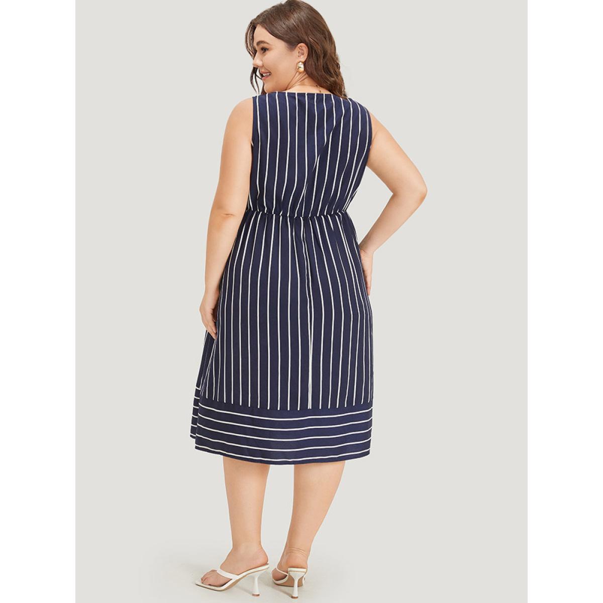 Plus Size Striped Button Detail Elastic Waist Pocket Tank Dress DarkBlue Women Elegant Elastic Waist Scoop Neck Sleeveless Curvy Midi Dress BloomChic 12/L Product Image
