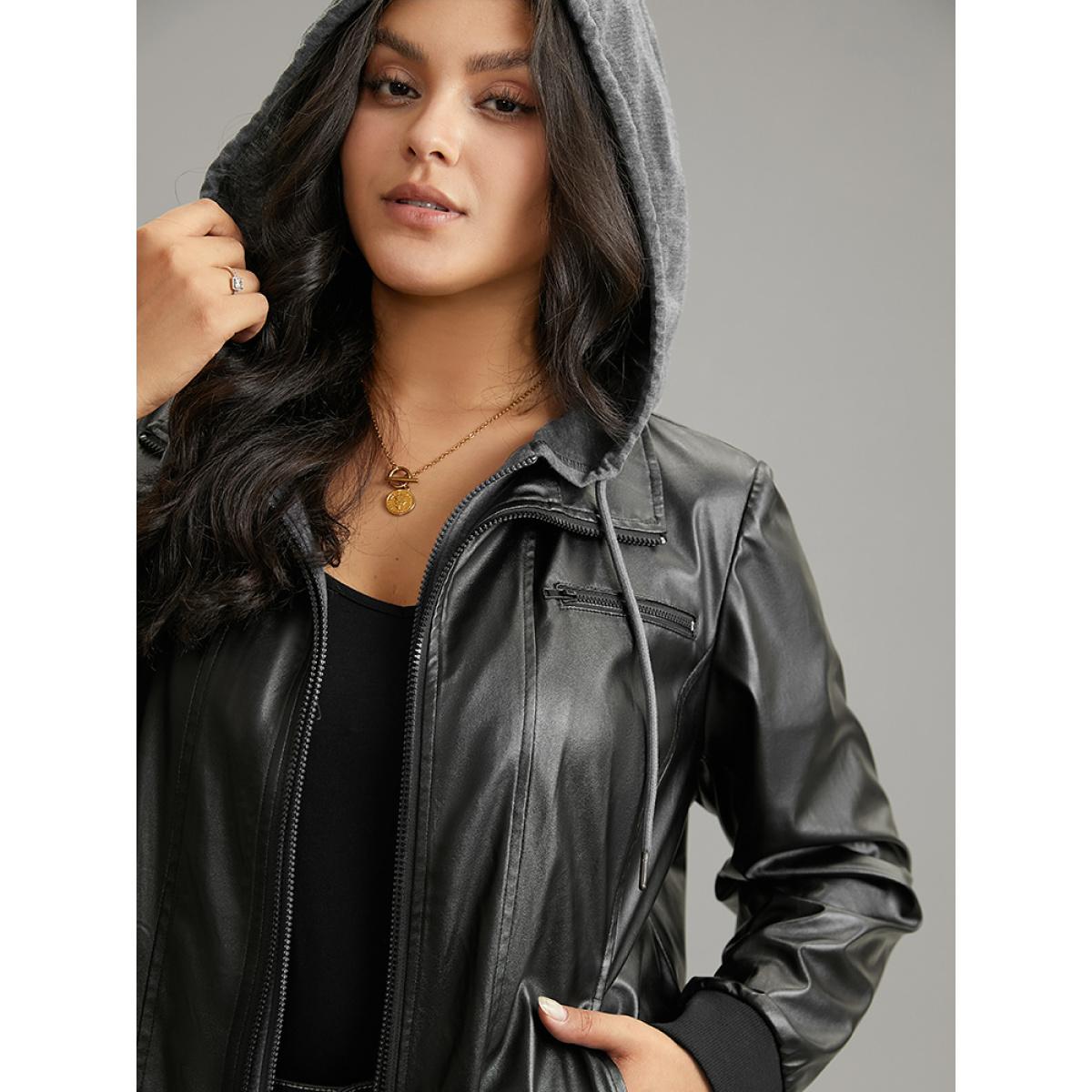 Plus Size PU Leather Patchwork Hooded Drawstring Rib Knit Jacket Women Black Rib Knit Pocket Dailywear Jackets BloomChic 10/M Product Image