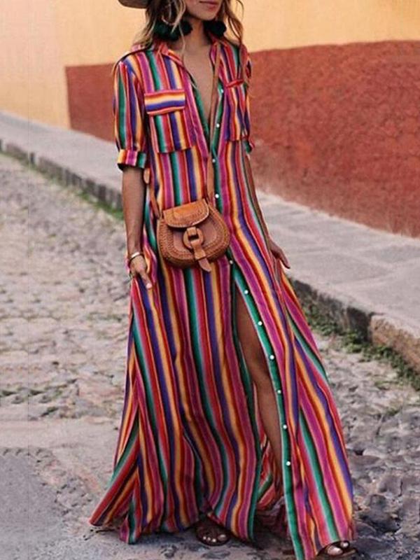 Long Sleeves Loose Split-Joint Striped Lapel Maxi Dresses Shirt Dress Product Image