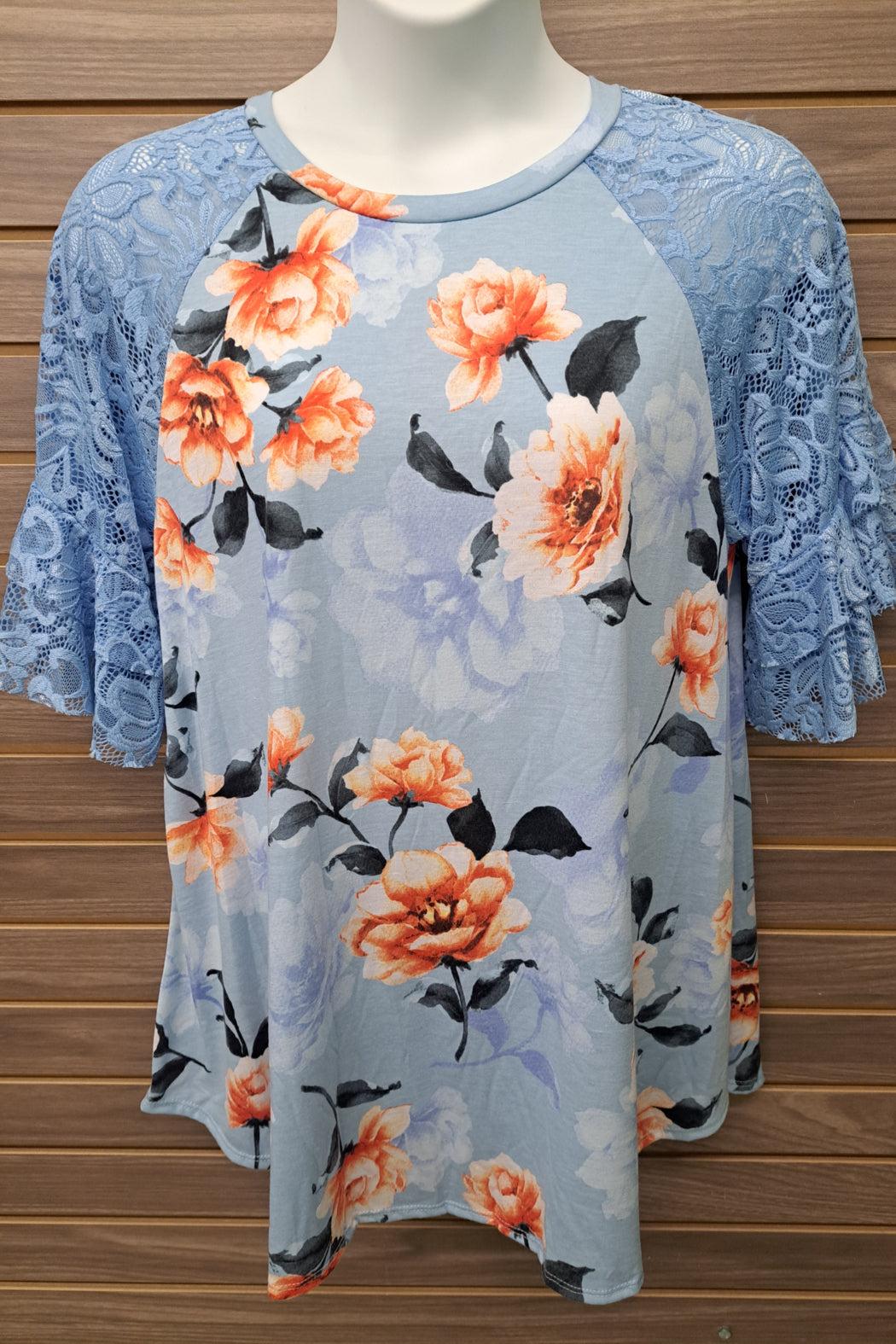 Blue Floral Lace Sleeve Top Product Image