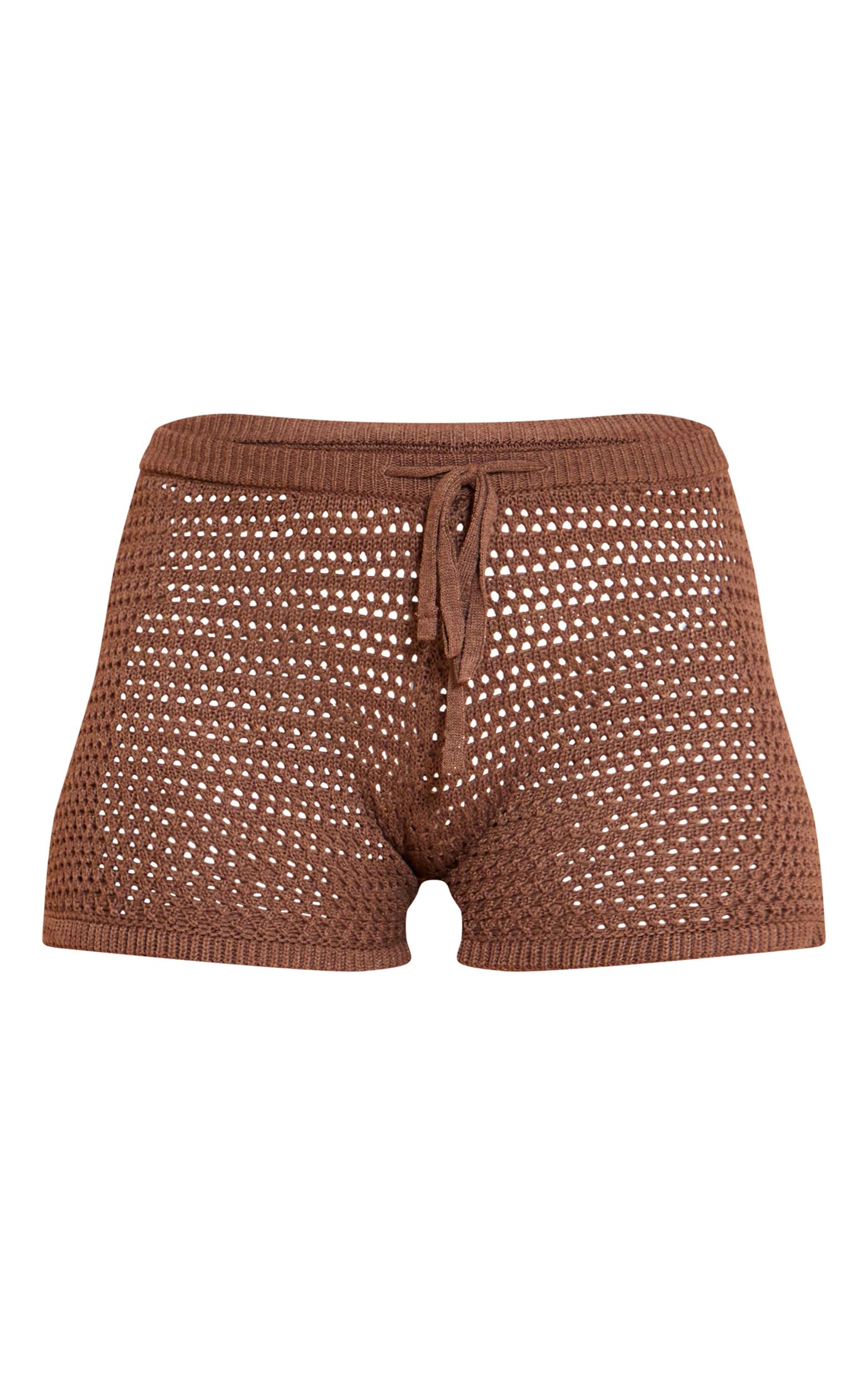 Mocha Fine Crochet Knit Drawstring Shorts Product Image