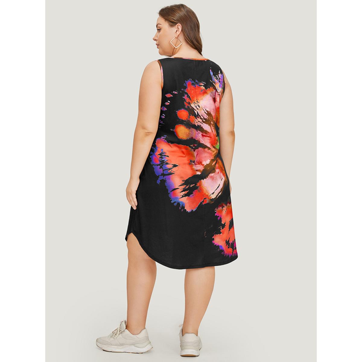 Plus Size Tie Dye Notched Pocket Arc Hem Tank Dress Red Women Casual Arc Hem Notched collar Sleeveless Curvy Midi Dress BloomChic 22-24/3X Product Image