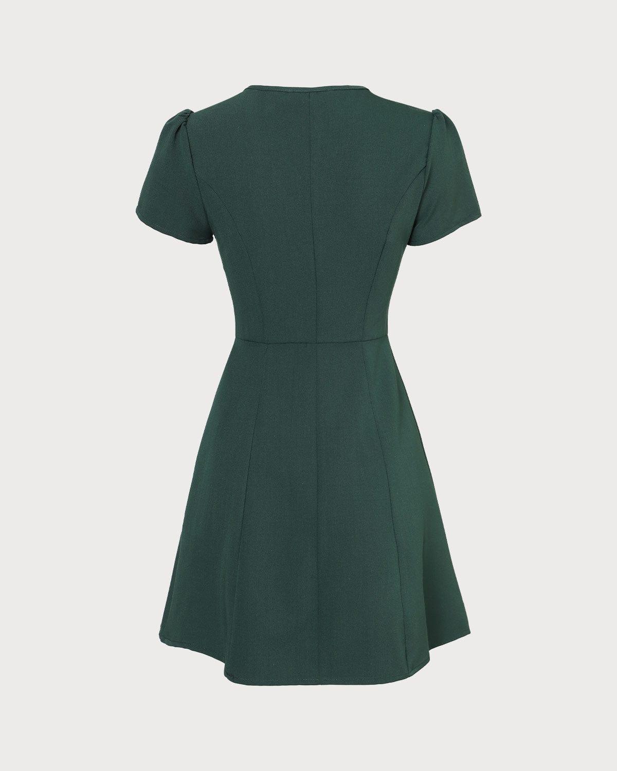 The Dark Green V Neck Button-up Shirt Mini Dress Product Image