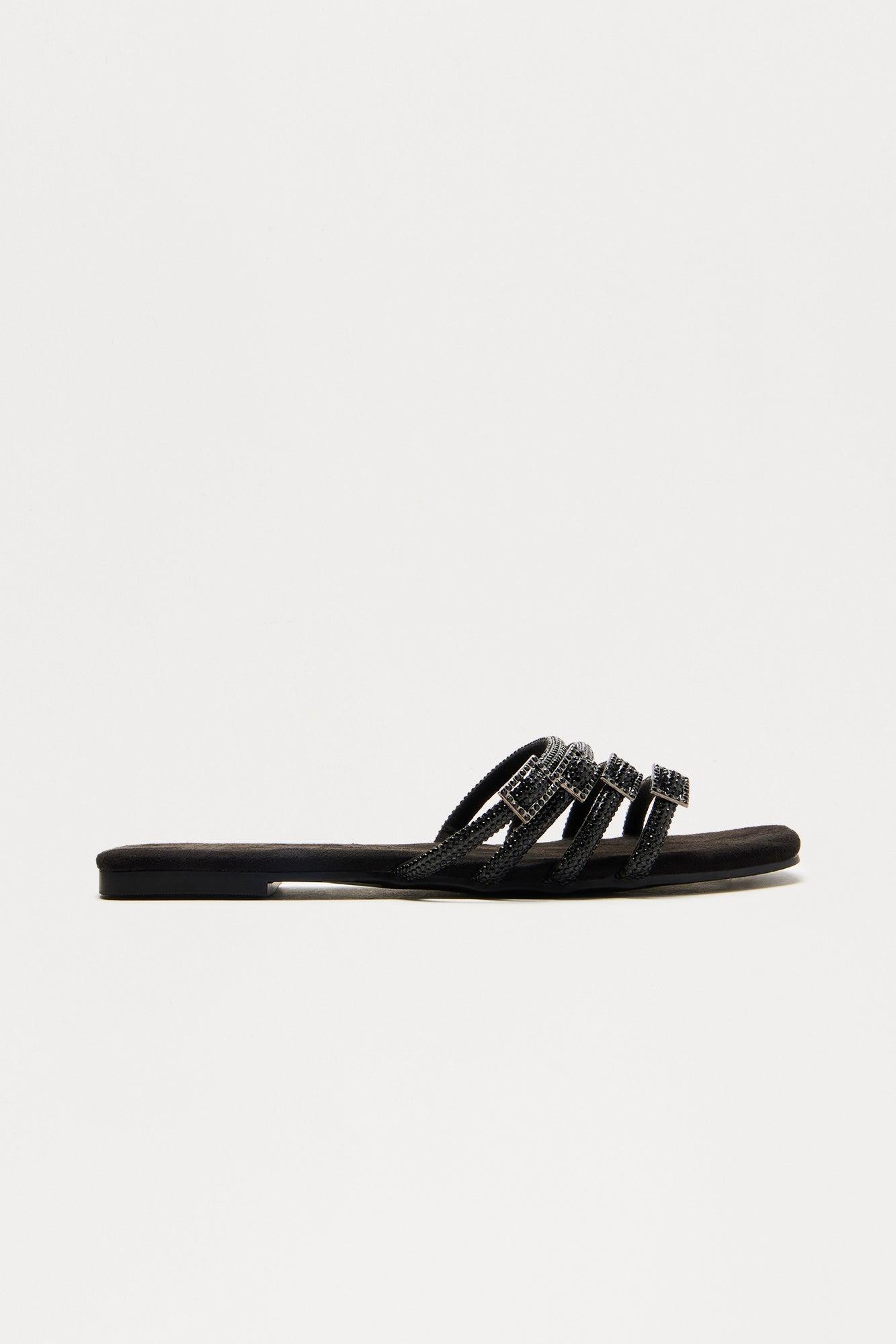 Romain Rhinestone Buckle Slip On Sandals - Black Product Image