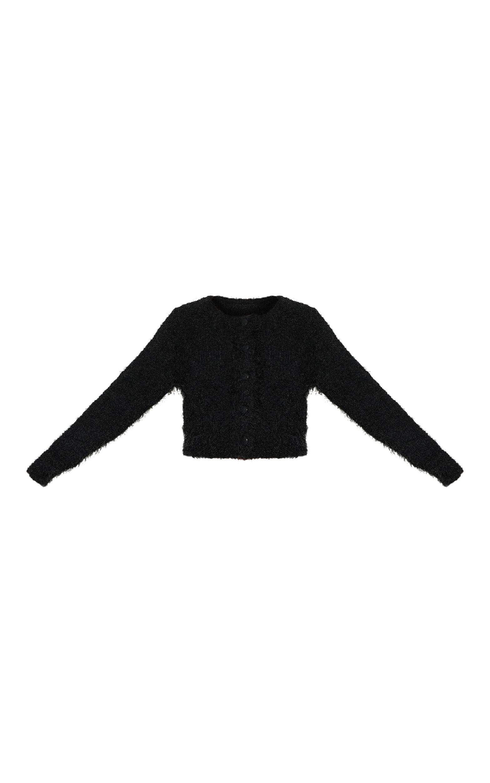 Black Textured Fluffy Knit Button Up Cardigan Product Image