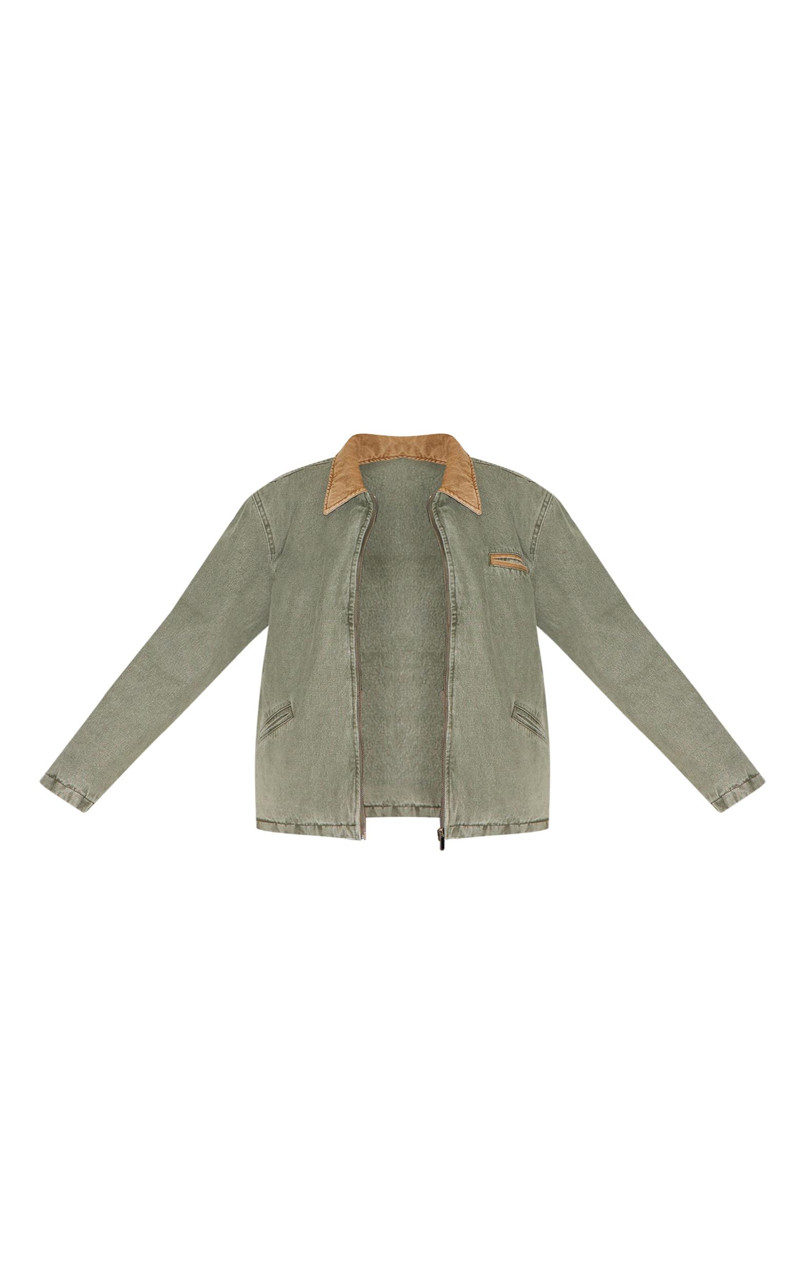 Plus Khaki Zip Up Contrast Collar Denim Jacket Product Image