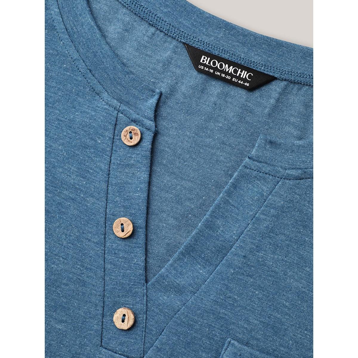 Plus Size Button-Front Half Sleeve Fitted T-Shirt Cerulean Women Leisure Roll Hem Notched collar Casual T-shirts BloomChic 28/5X Product Image