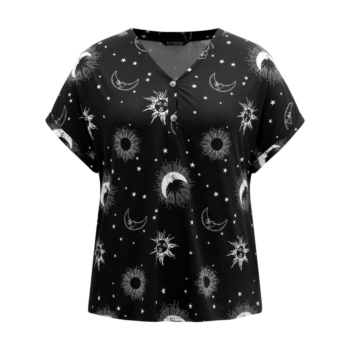 Plus Size Horoscope Print V Neck Cuffed Dolman Sleeve T-shirt Black Women Casual Printed Tarot elements V-neck Dailywear T-shirts BloomChic 28/5X Product Image