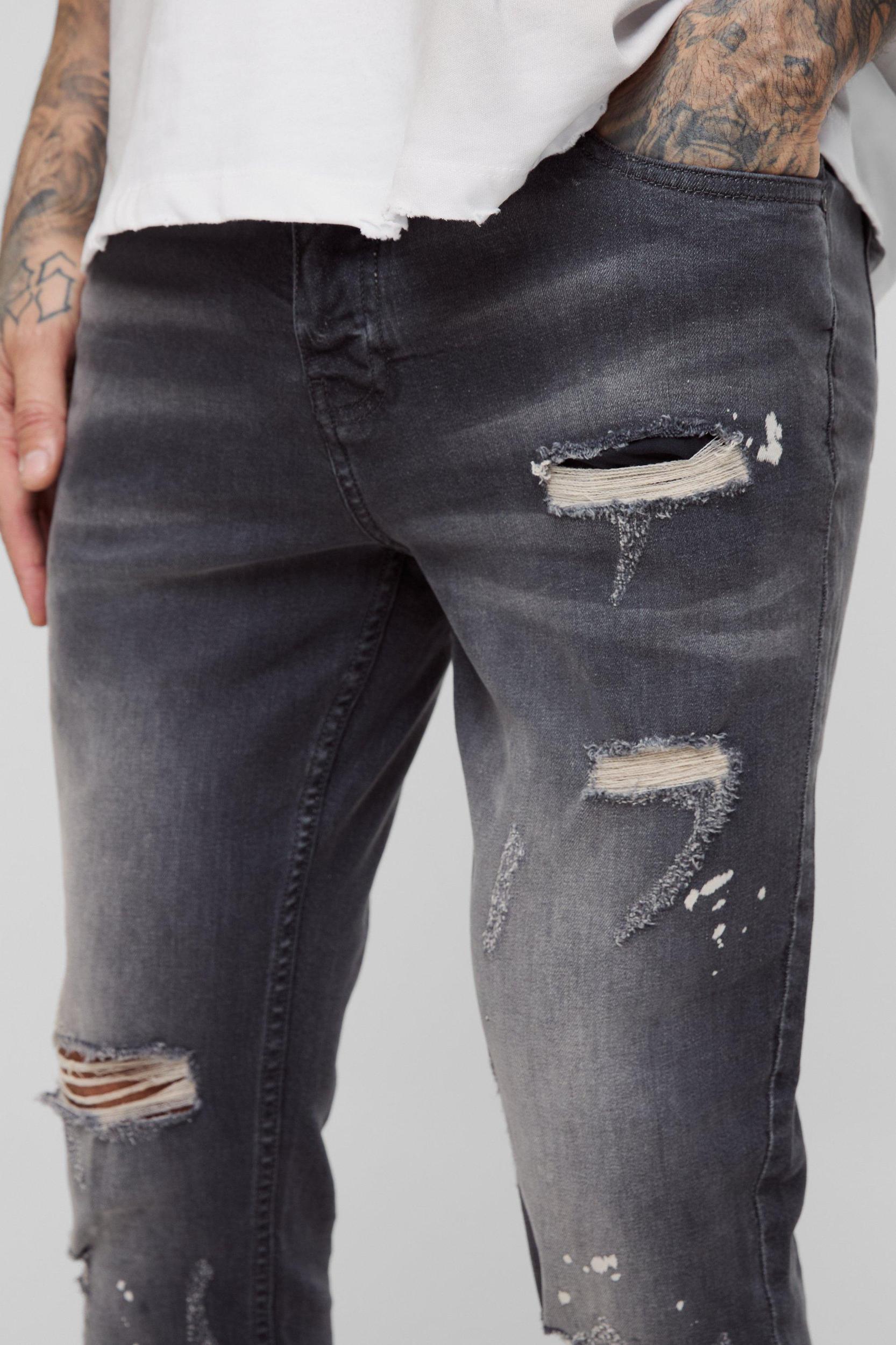 Tall Skinny All Over Ripped Bleached Paint Splatter Jeans | boohooMAN USA Product Image