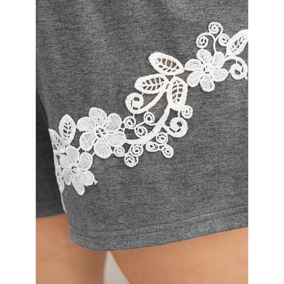 Plus Size Solid Guipure Lace Pocket Sleep Shorts Women DimGray Elegant Plain Lace Shoulderless Pocket Loungewear BloomChic 14-16/1X Product Image