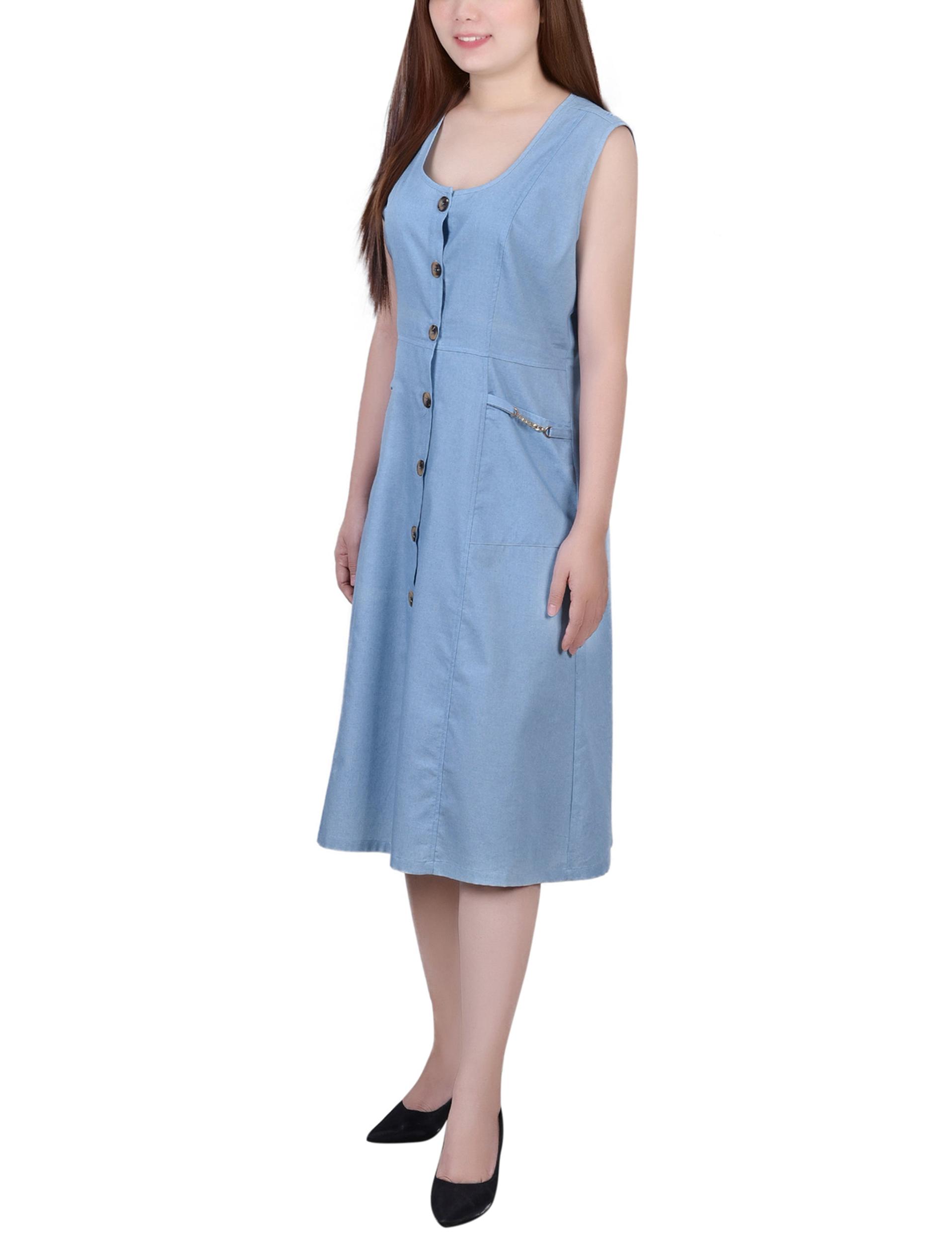 Light Denim Sleeveless Chambray Dress With Chain Details Product Image