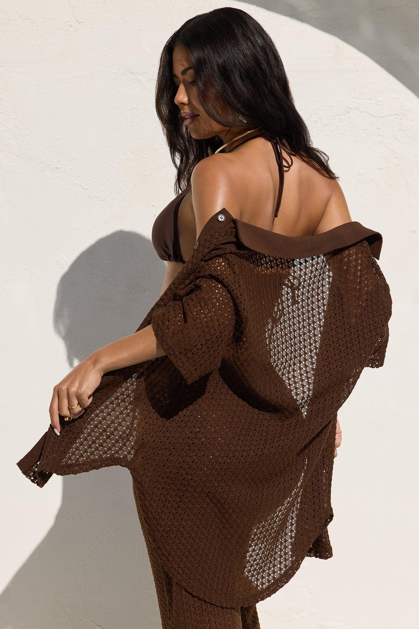 Abby Button Up Swim Cover Up Top - Chocolate Product Image