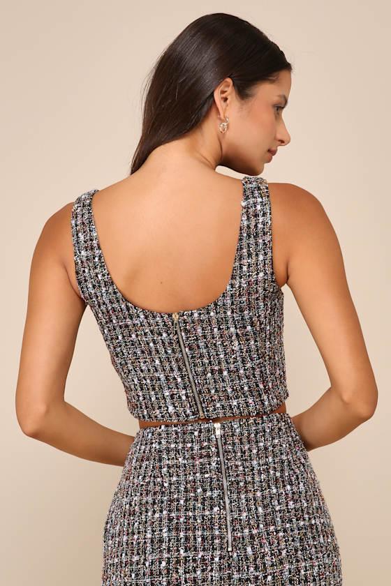 Charming Icon Black Tweed Lurex Sleeveless Button-Front Top Product Image