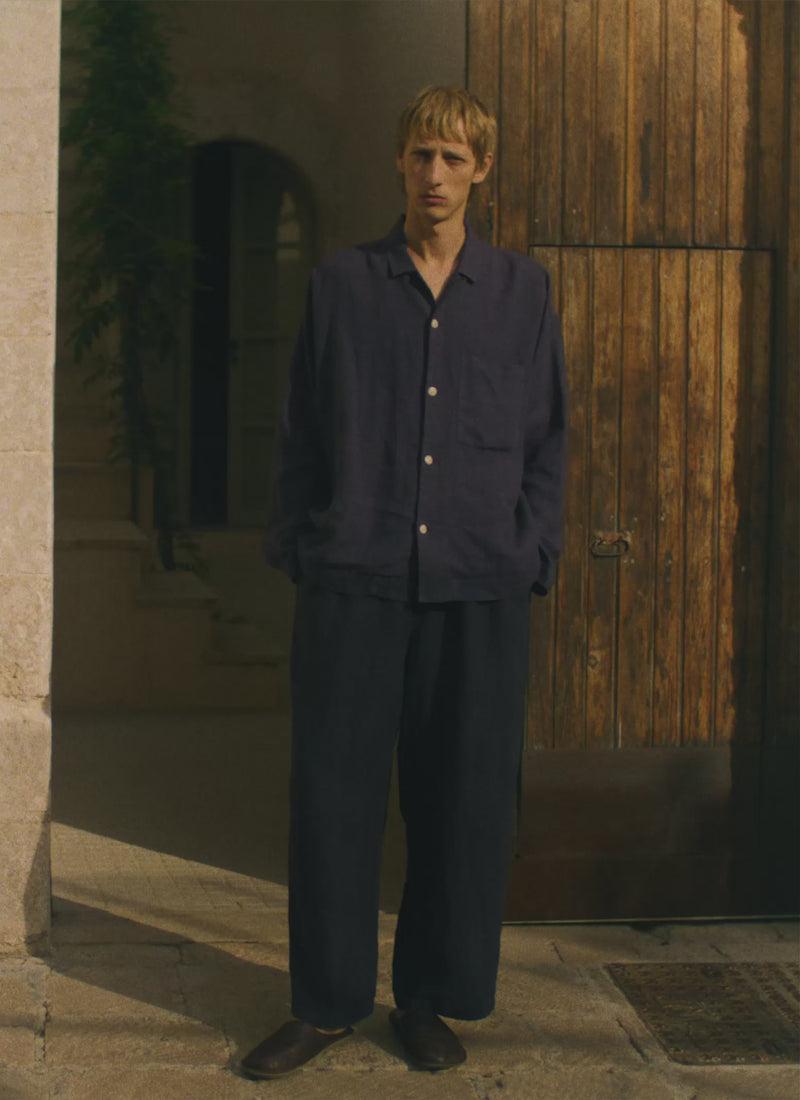 Camp Collar Garment Dyed Linen Shirt | Blueberry Product Image