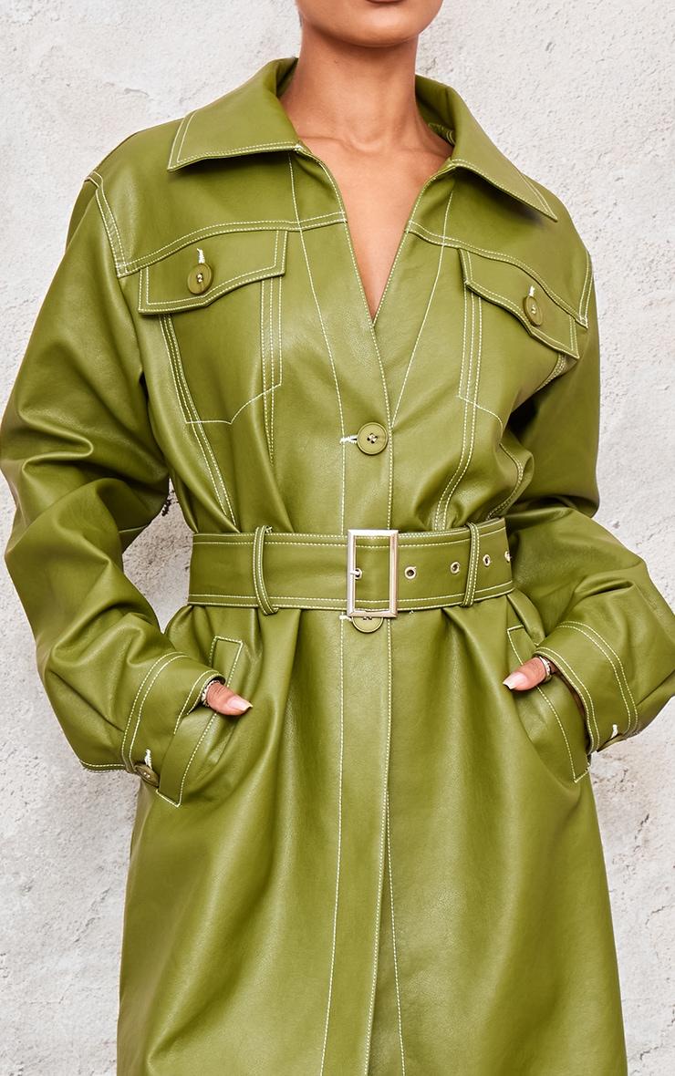 Olive Faux Leather Contrast Stitch Split Hem Trench Coat Product Image