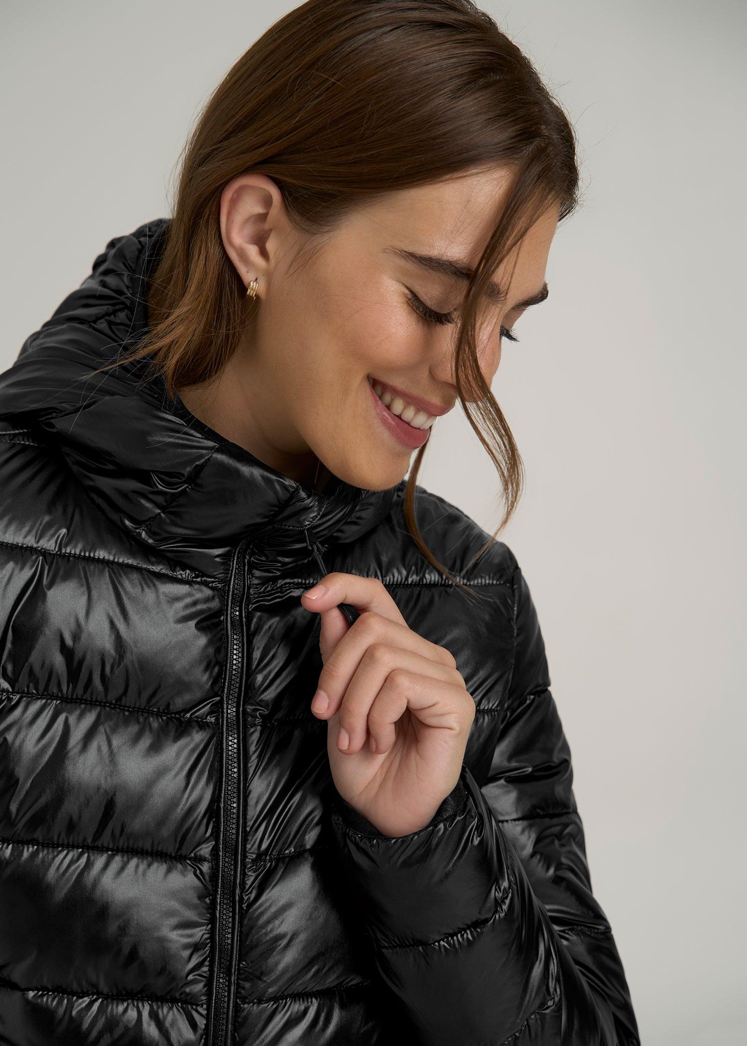 Packable Short Puffer Jacket for Tall Women in Glossy Black Female Product Image