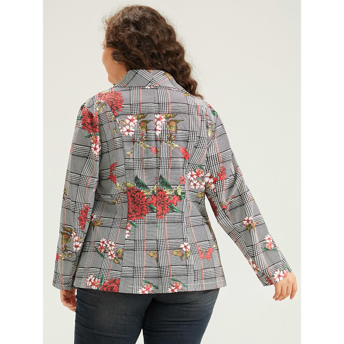 Plus Size Floral Plaid Patchwork Pocket Blazer Multicolor Women Dailywear Plaid Printed Sleeve Long Sleeve Lapel Collar 28/5X Pocket Elegant Blazers BloomChic Product Image