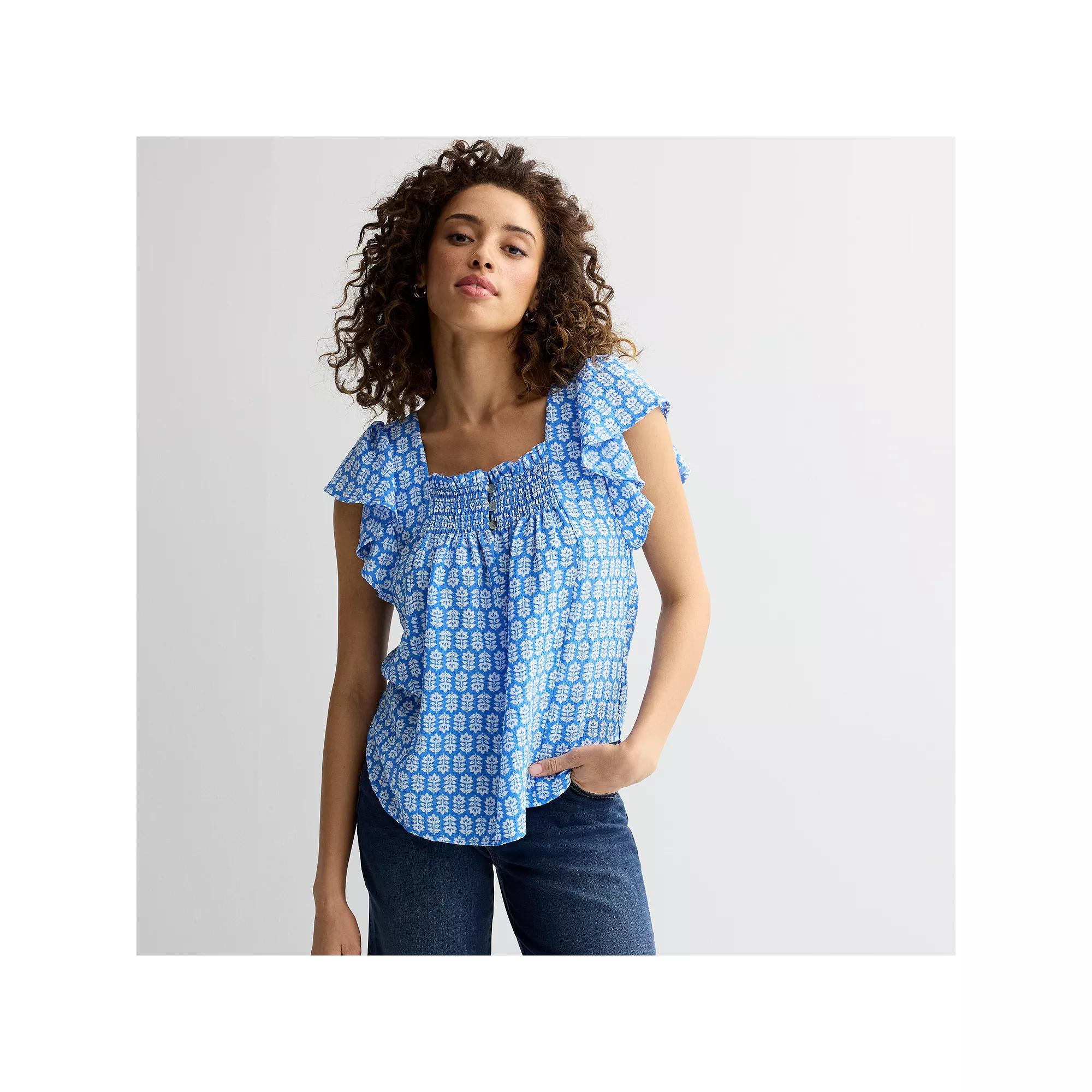 Women's Draper James Flutter Sleeve Smocked Top, Size: XXL, Blue White Product Image
