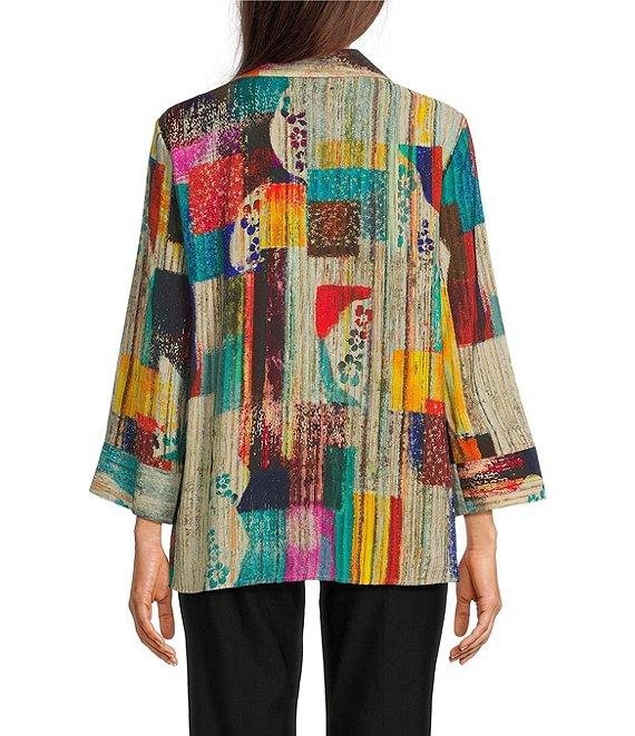 Ali Miles Woven Abstract Multi Print Point Collar 3/4 Cuff Sleeve Button Front Tunic Product Image