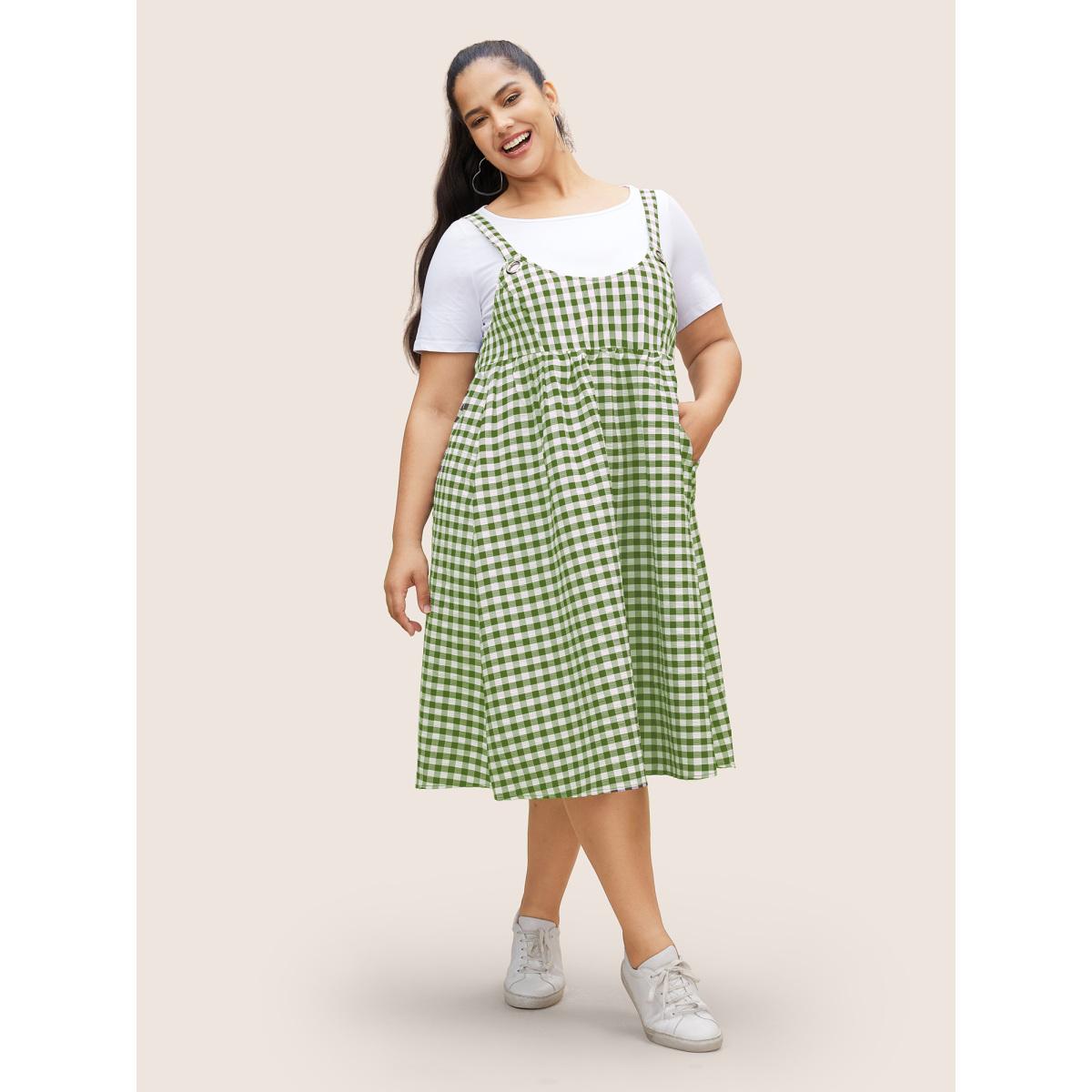 Plus Size Round Neck Gingham Adjustable Straps Dress Moss Women Casual Gathered Round Neck Sleeveless Curvy BloomChic 18-20/2X Product Image