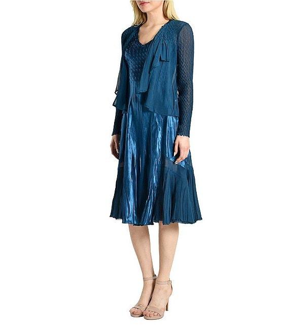Komarov Charmeuse Chiffon Round Neck Long Sleeve Ruffle Front Two-Piece Jacket Dress Product Image