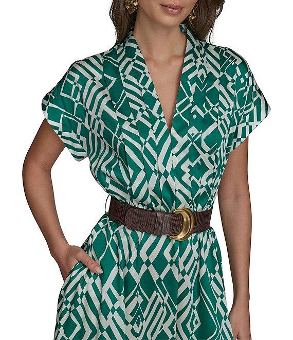Donna Karan Twill Collared V-Neck Short Sleeve Belted A-Line Midi Dress Product Image