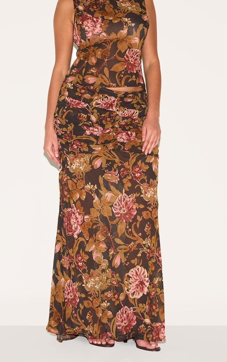 Plus Black Floral Printed Chiffon Ruched Detail Maxi Skirt Product Image