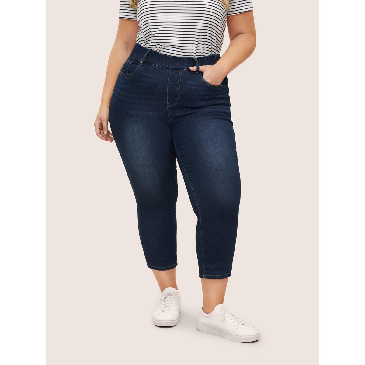 Plus Size Dark Wash Elastic Waist Roll Hem Jeans Women Midnight Casual Roll Hem High stretch Slanted pocket Jeans BloomChic 30/6X Product Image