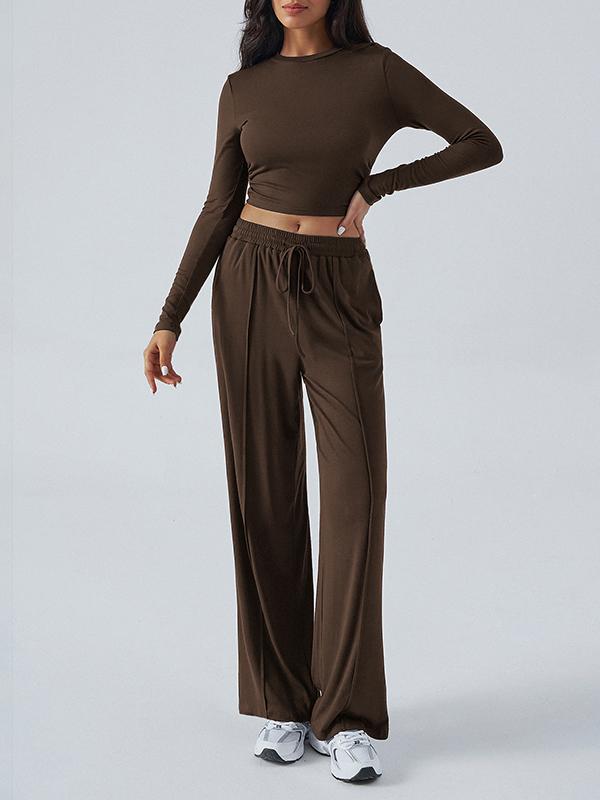 Long Sleeves Loose Solid Color Round-Neck T-Shirt Top + Drawstring Elasticity Pockets Pants Bottom Two Pieces Set Product Image