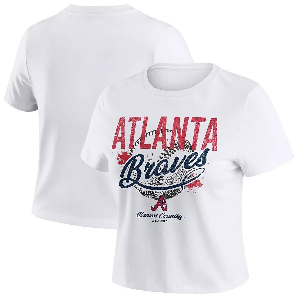 Women's WEAR by Erin Andrews White Atlanta Braves Distressed Cropped Baby T-Shirt,  Product Image