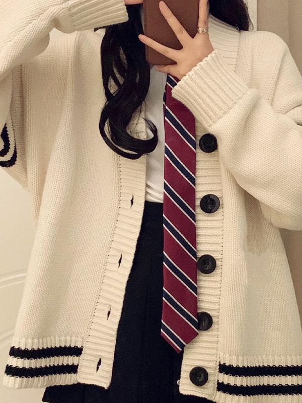 Preppy Stripe Splice V Neck Knit Cardigan Product Image