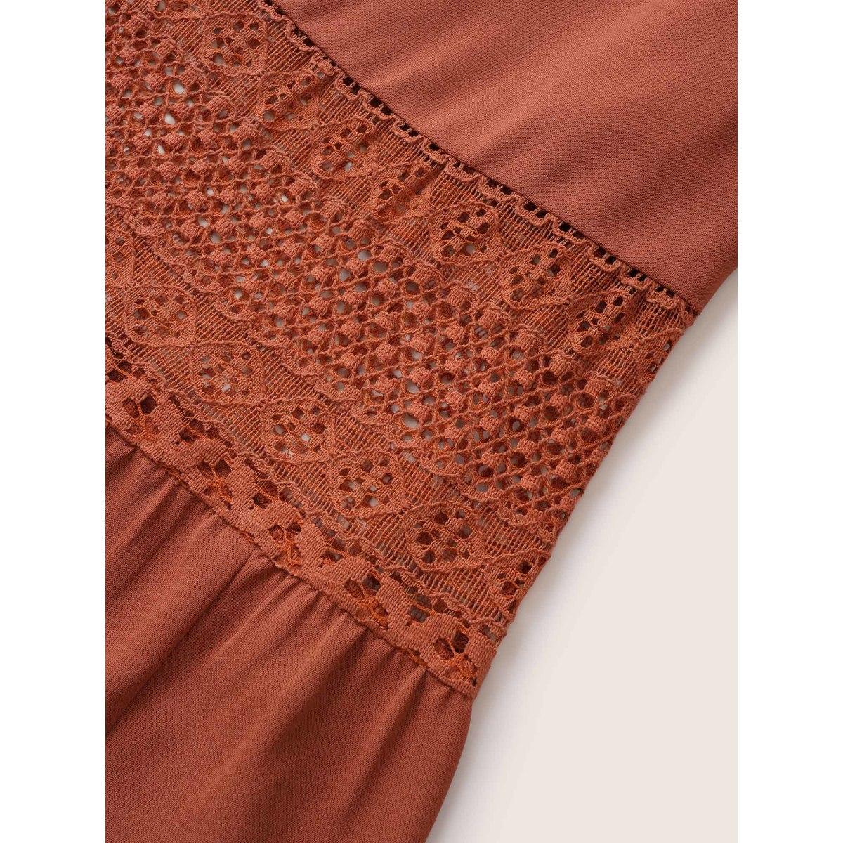 Plus Size Lace Panel Tie Neck Frill Trim Tank Dress Rust Women Resort Non V-neck Sleeveless Curvy Midi Dress BloomChic 30/6X Product Image